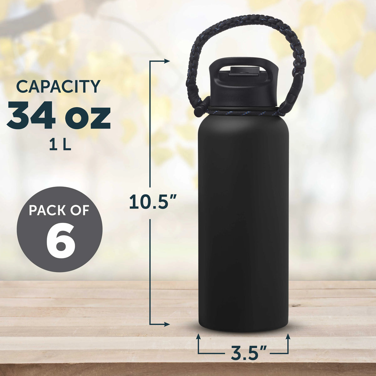 6 Vulcan Stainless Steel Water Bottles with Strap Set, 34 oz. - Double Wall, Vacuum Insulated - Black M855603