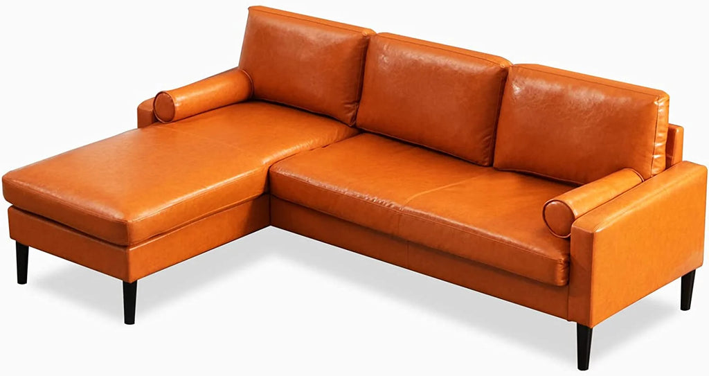 Convertible Sectional Sofa with Reversible Chaise, 3 Seat Faux Leather L-Shape Sofa with 2 Cylindrical Pillows F4867
