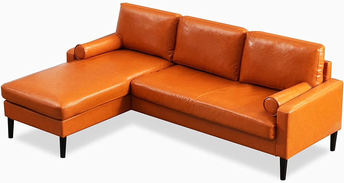 Convertible Sectional Sofa with Reversible Chaise, 3 Seat Faux Leather L-Shape Sofa with 2 Cylindrical Pillows F4867