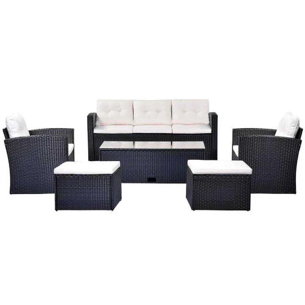 6 Piece Outdoor Patio Furniture Conversation Set with Coffee Table, All-Weather Wicker PE Rattan Sectional Sofas with Ottomans, Black Wicker Beige Cushion A26920