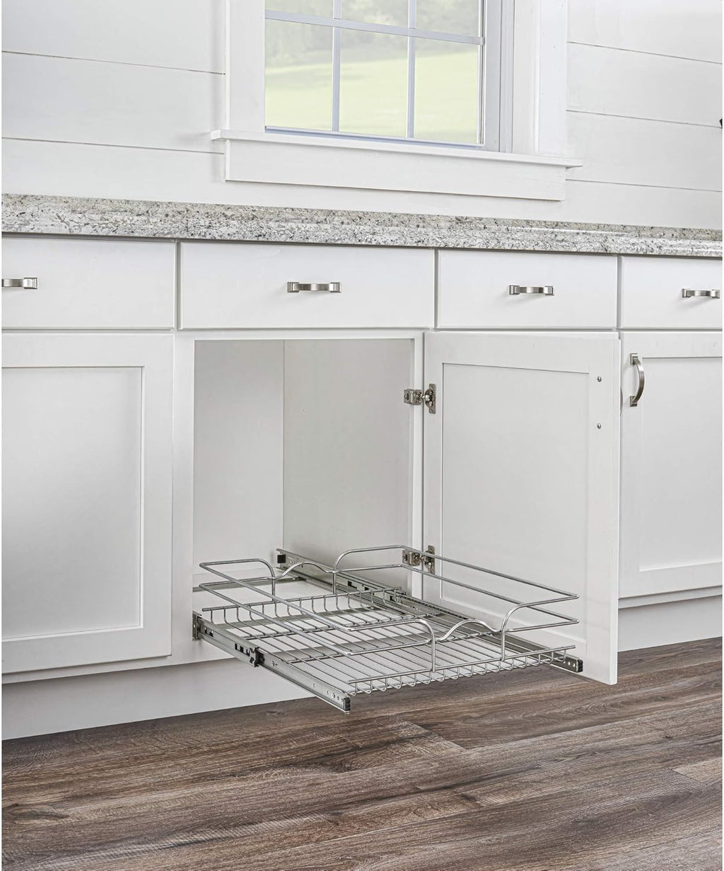 18 Inch x 20 Inch Single Wire Basket Pull Out Shelf Storage Organizer, Silver U11759
