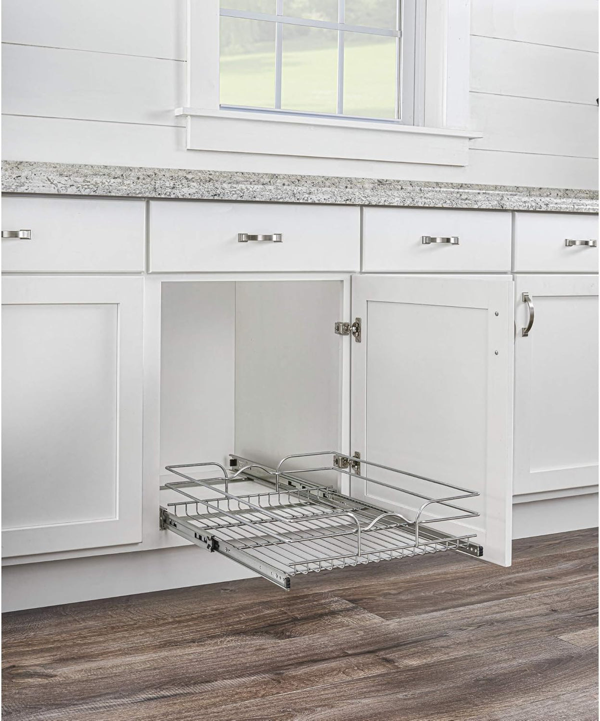 18 Inch x 20 Inch Single Wire Basket Pull Out Shelf Storage Organizer, Silver U11759