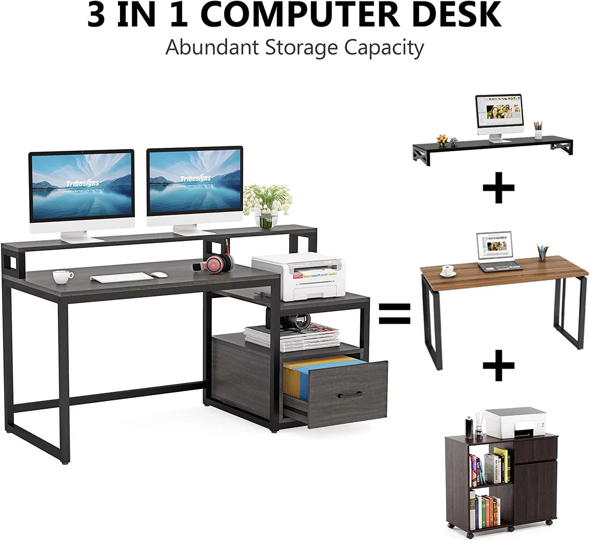 60" Gray Computer Desk with File Drawer and Storage Shelves R11737