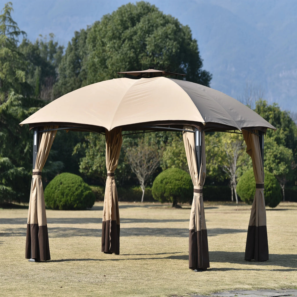 Brown Patio Metal Gazebo with Screen and LED Lights W34839