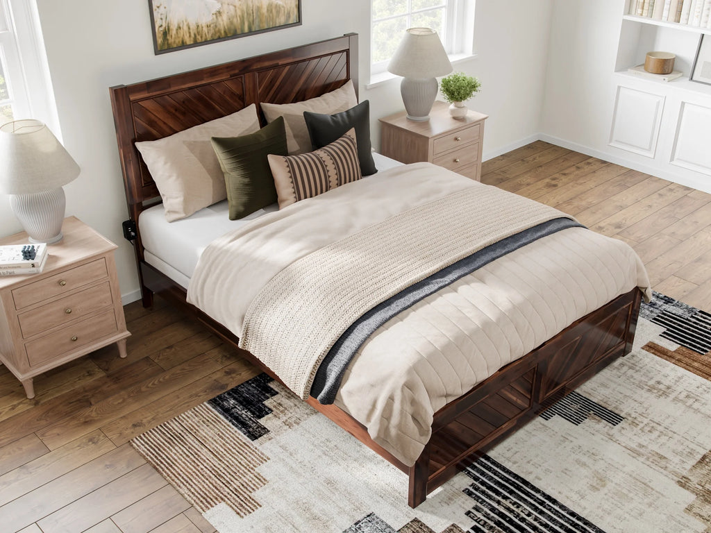 Queen Solid Wood Low Profile Platform Bed with Footboard, Walnut T85879