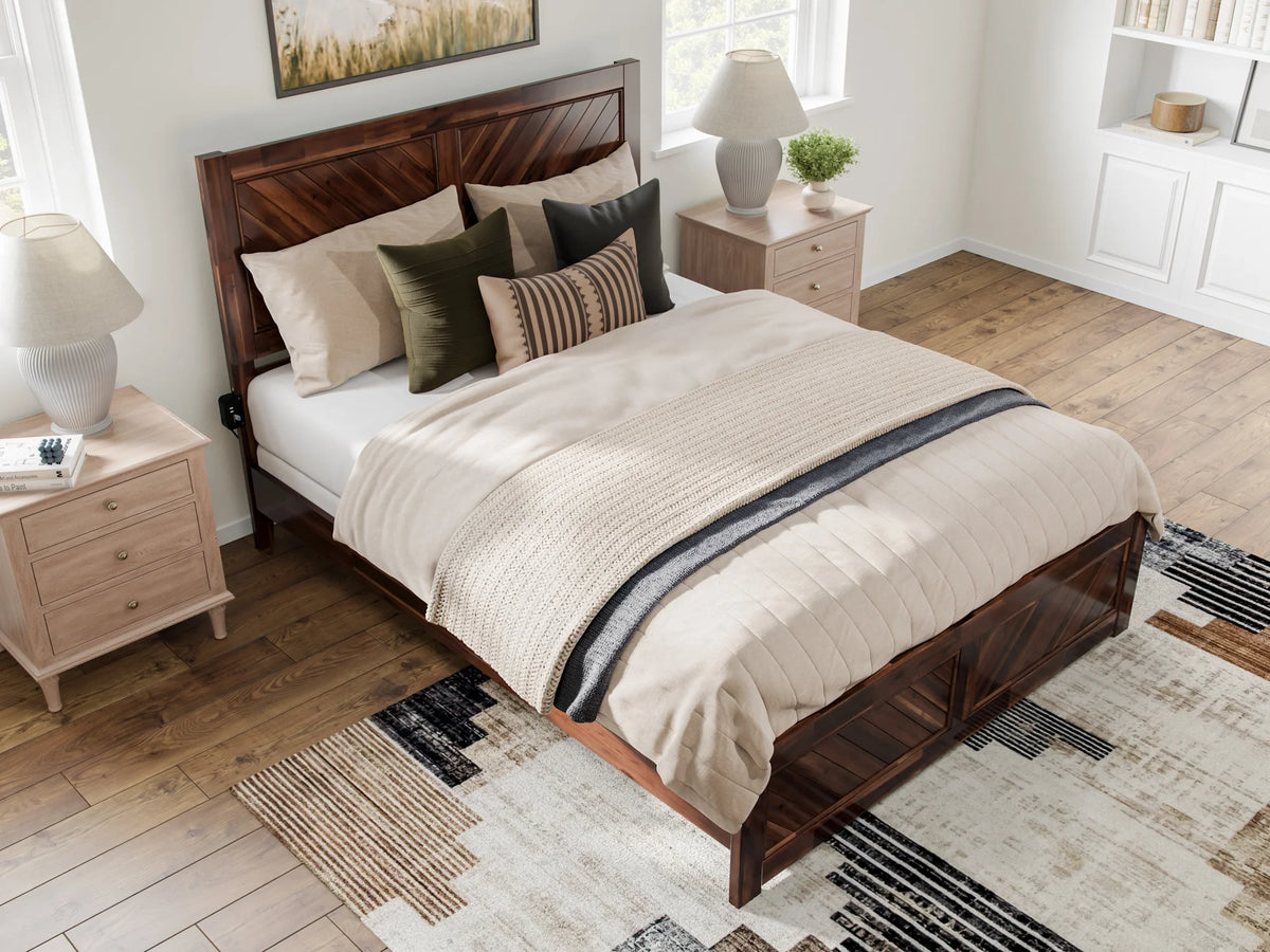 Queen Solid Wood Low Profile Platform Bed with Footboard, Walnut T85879