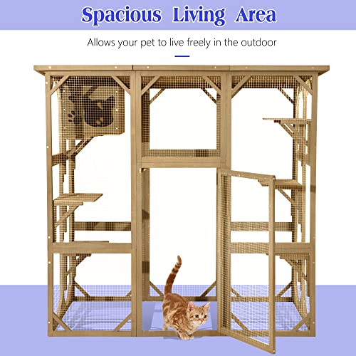70 Inch Wooden Catio with Resting Box and 6 Jumping Platforms Y40050