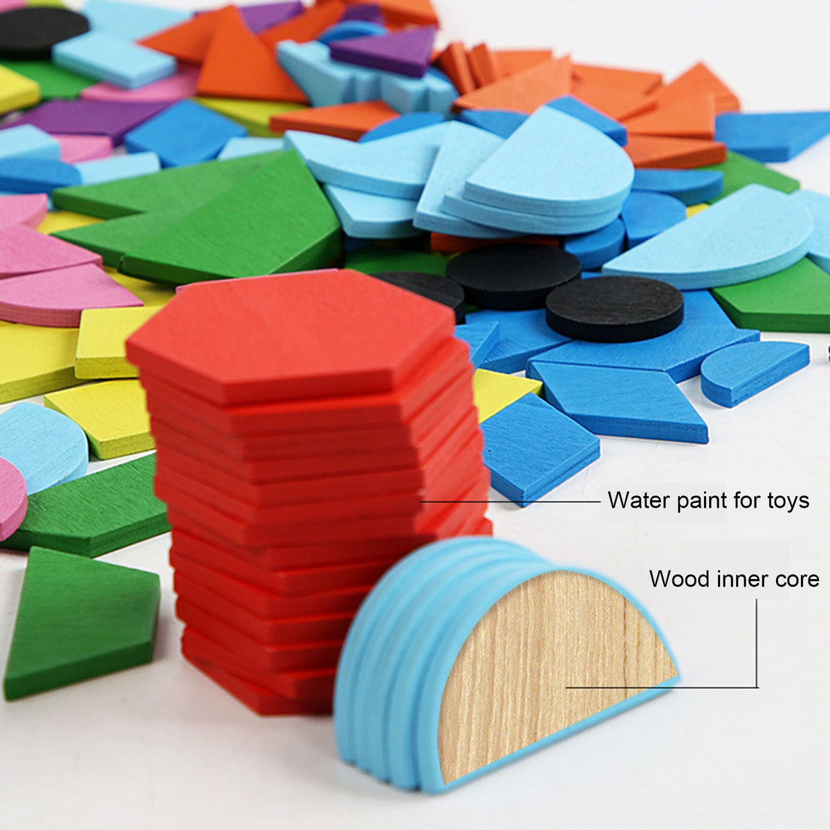 Wooden Pattern Blocks Geometric Shapes Toy with Cards E455629