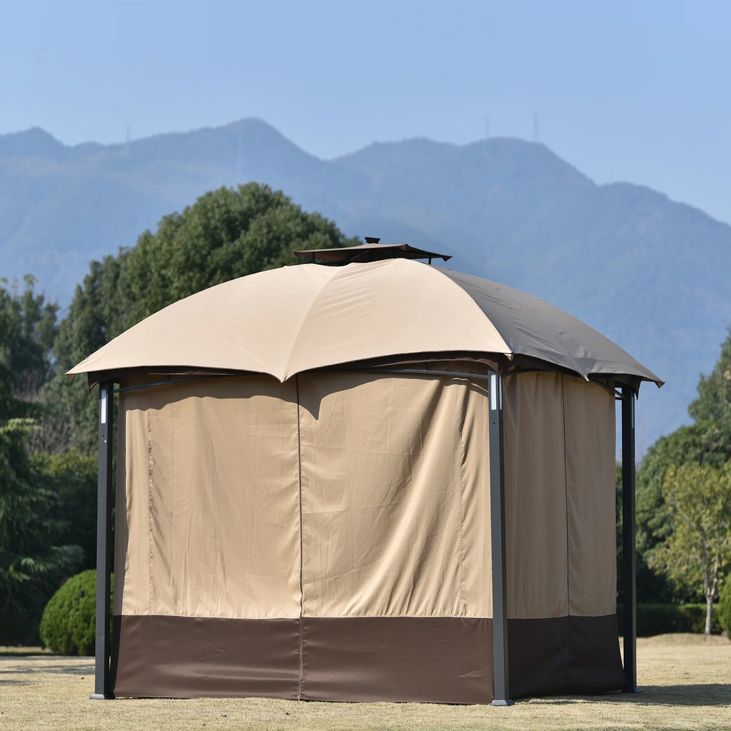 Brown Patio Metal Gazebo with Screen and LED Lights W34839
