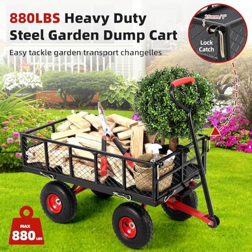 880 lb 10-inch tire steel garden cart with 4-side removable mesh and 180° swivel handle Z6294