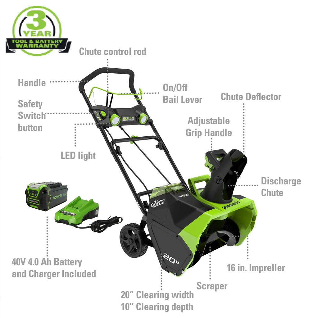 40V 20-inch Cordless Brushless Snow Blower with 4.0 Ah Battery and Charger E848