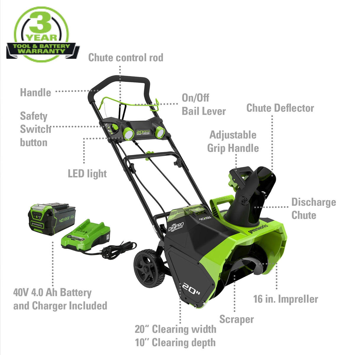 40V 20-inch Cordless Brushless Snow Blower with 4.0 Ah Battery and Charger E848