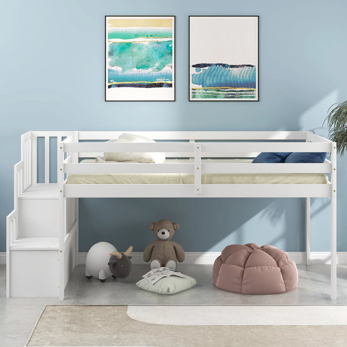 White Twin Size Loft Bed with Stairs and Storage V837097