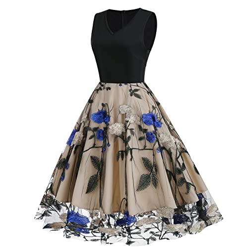V Neck Sleeveless Mesh Floral Embroidery Dress D9590