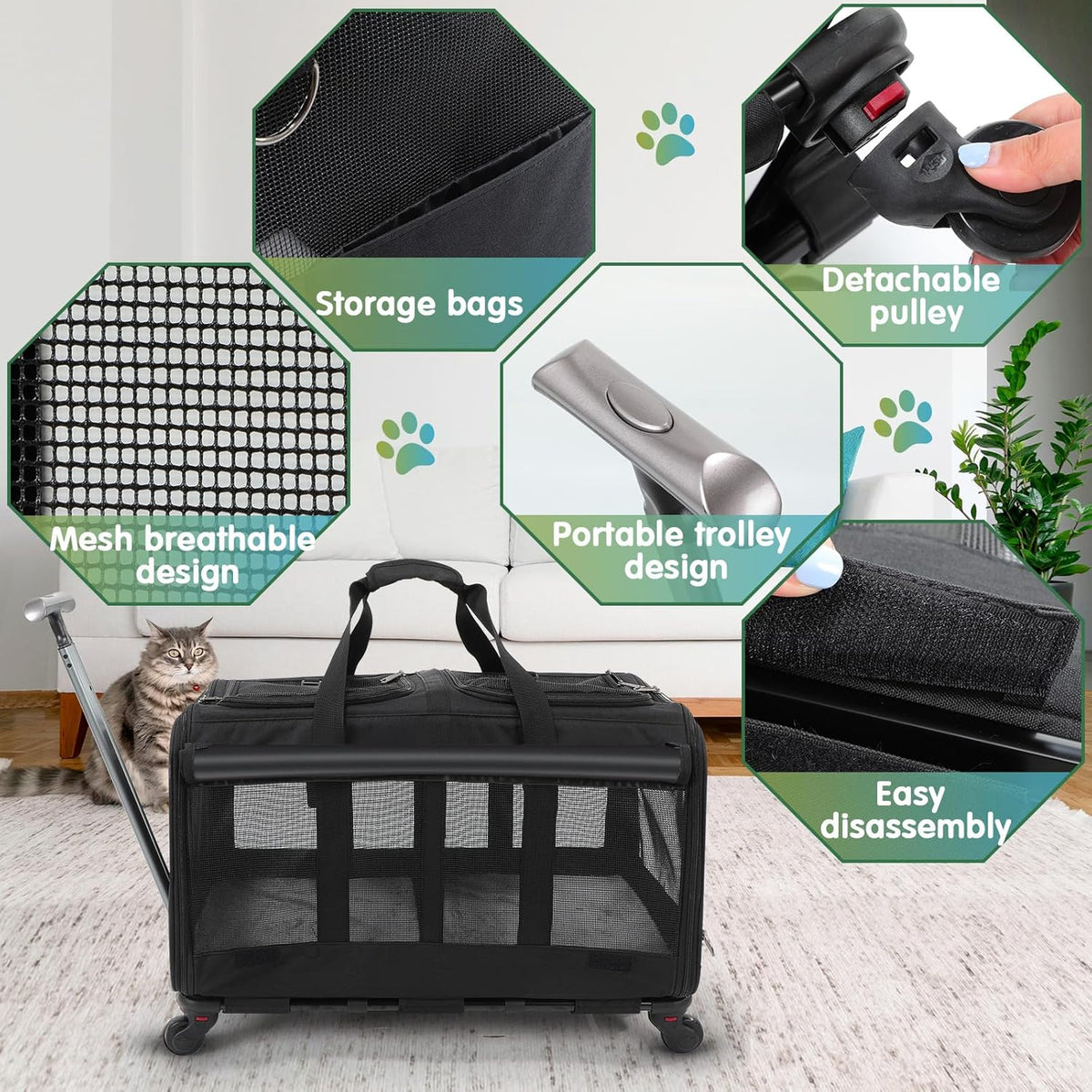 Black Large Rolling Double Compartment Pet Carrier with Wheels P7750