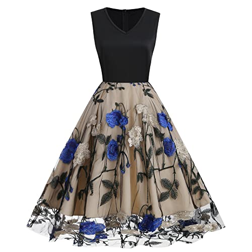 V Neck Sleeveless Mesh Floral Embroidery Dress D9590