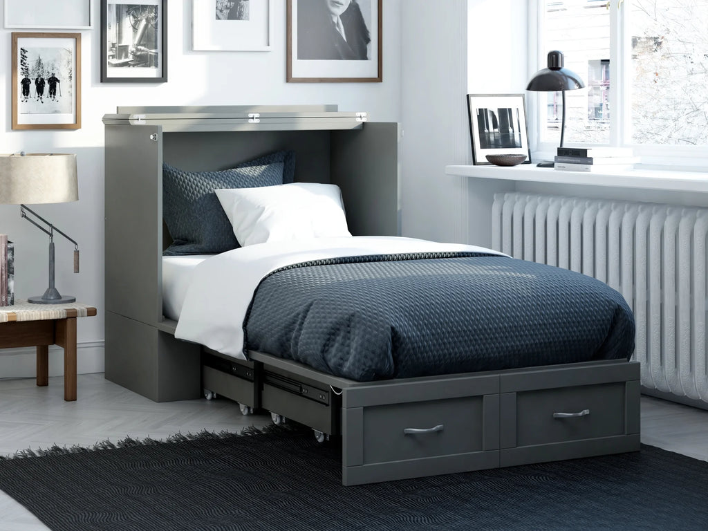 Twin XL Solid Wood Murphy Bed Chest with Mattress, Drawer and Charger, Grey P57607
