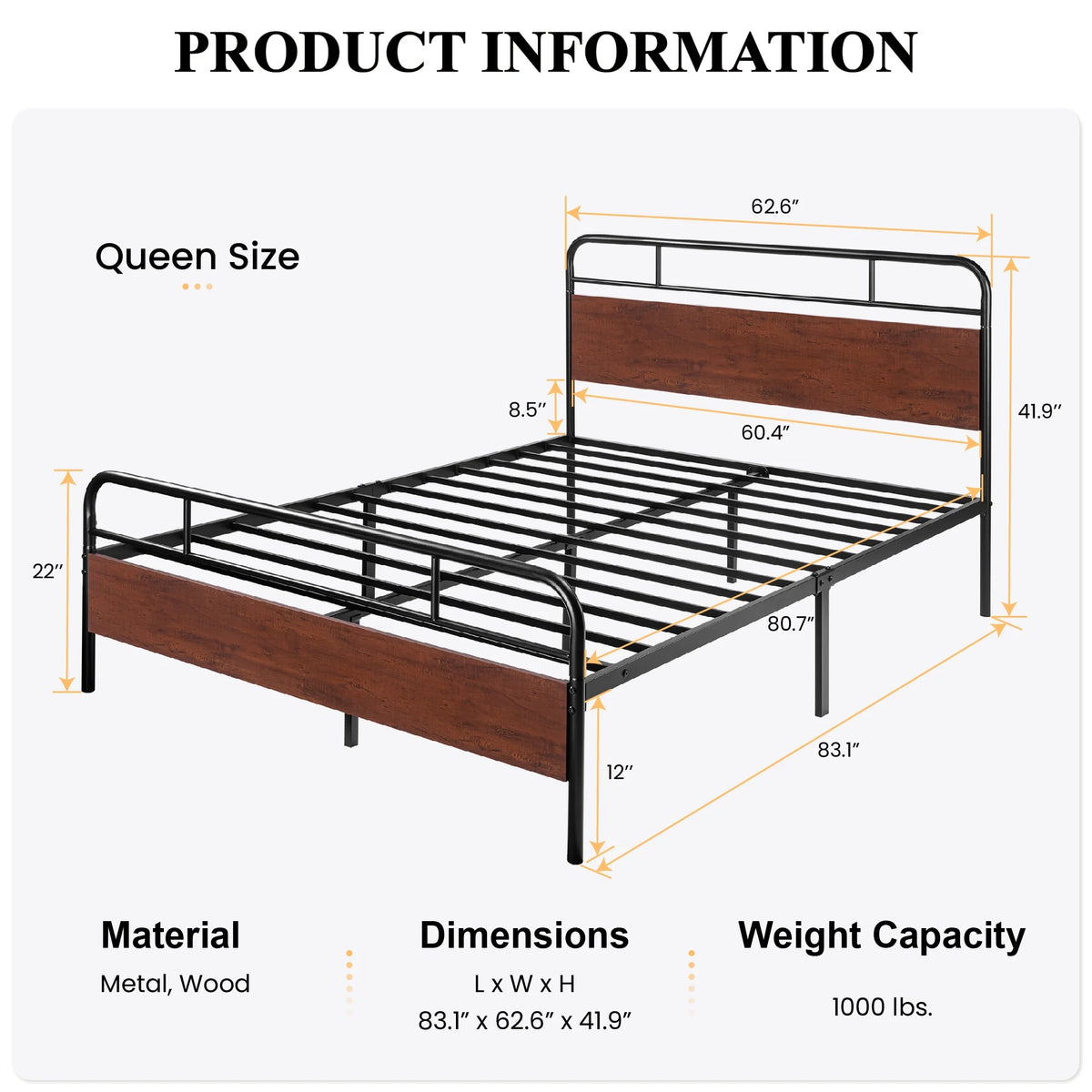Dark Brown Queen Size Metal Platform Bed Frame with Wooden Headboard E92909