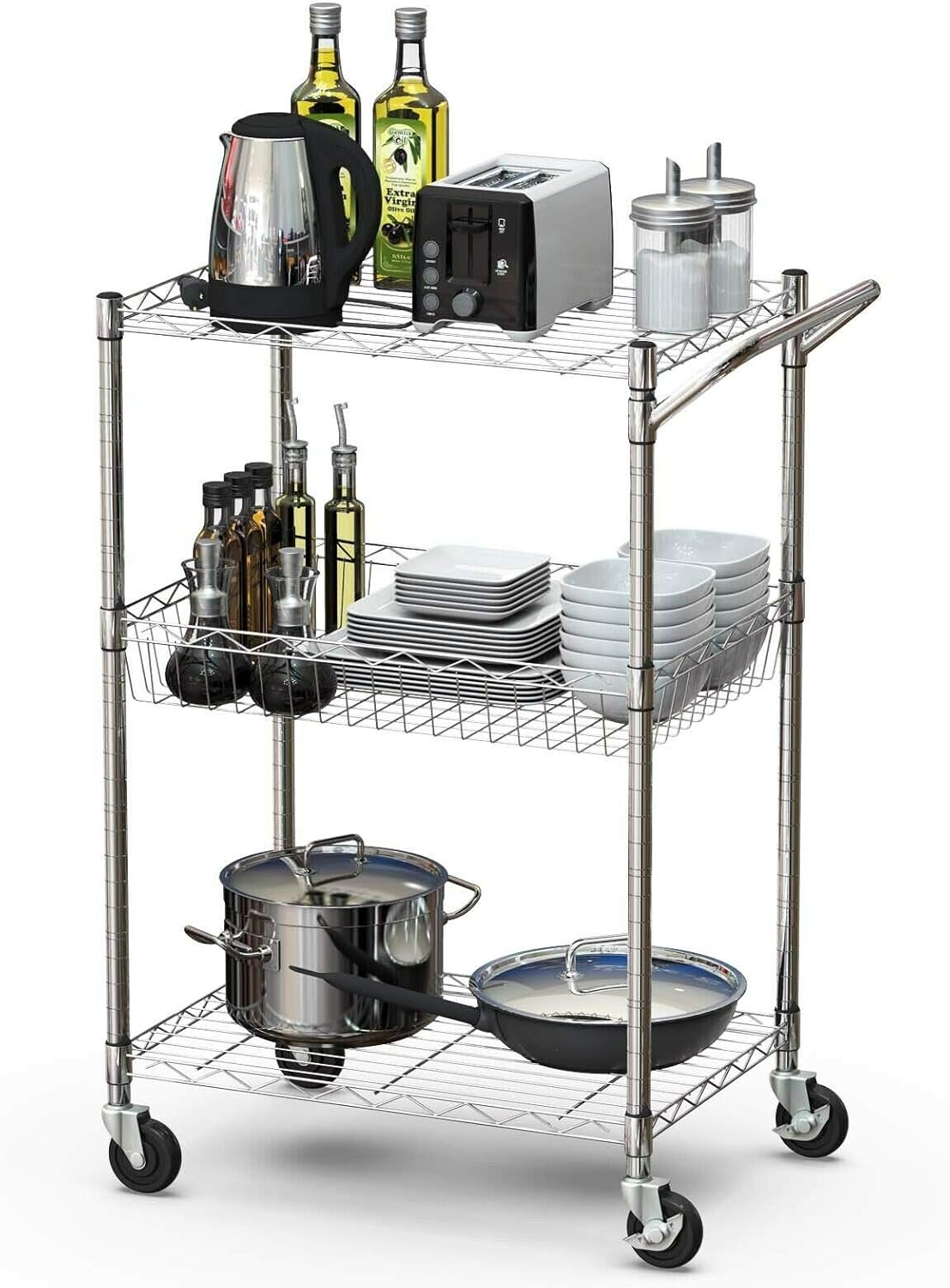 3-Tier Silver Steel Rolling Kitchen Trolley Cart with Storage Shelves X3618
