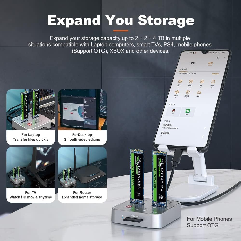 M.2 SATA/NVMe Docking Station, USB C 10Gbps Clone Duplicator, with SD Express Card Base V66336