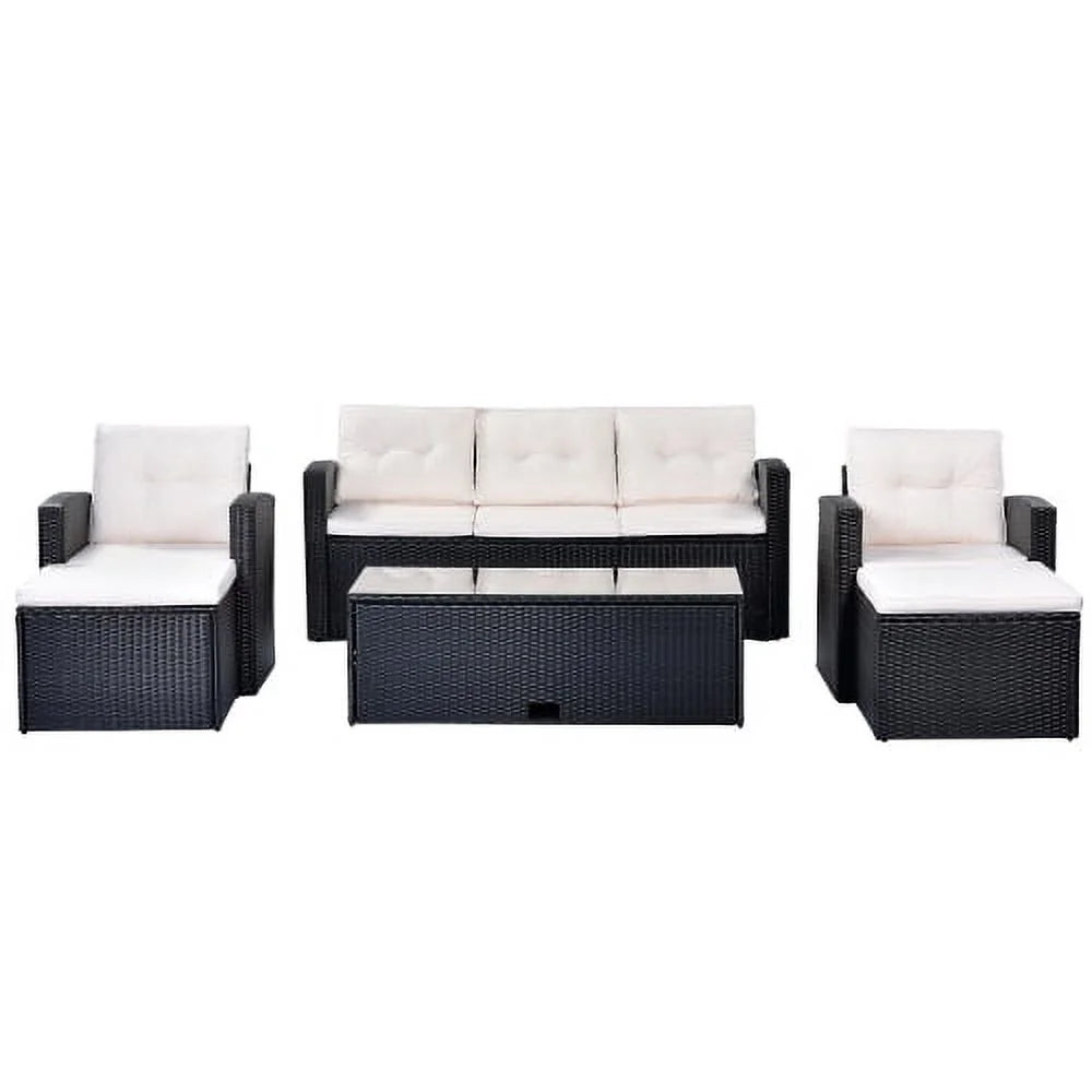 6 Piece Outdoor Patio Furniture Conversation Set with Coffee Table, All-Weather Wicker PE Rattan Sectional Sofas with Ottomans, Black Wicker Beige Cushion A26920