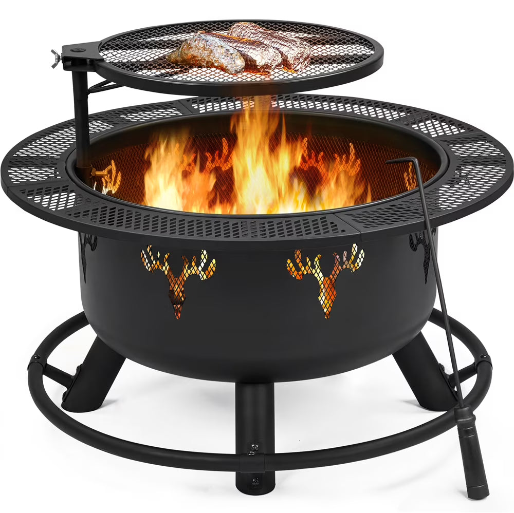 32'' Round Wood Burning Fire Pit with Poker & Swivel Cooking Grate Q877