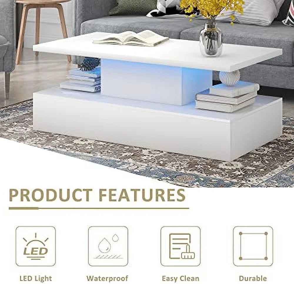 Modern High Gloss Coffee Table with LED Lights 2 Tiers 47.2 in T1165