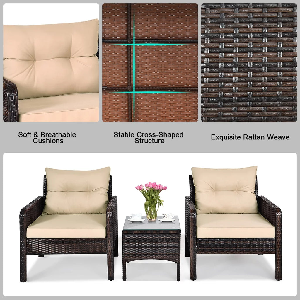 3PCS Brown Patio Rattan Furniture Set with Cushioned Chairs Coffee Table M67627