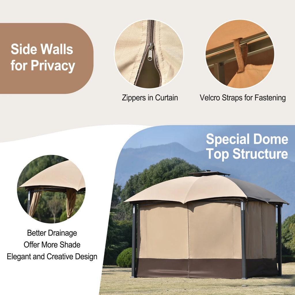 Brown Patio Metal Gazebo with Screen and LED Lights W34839