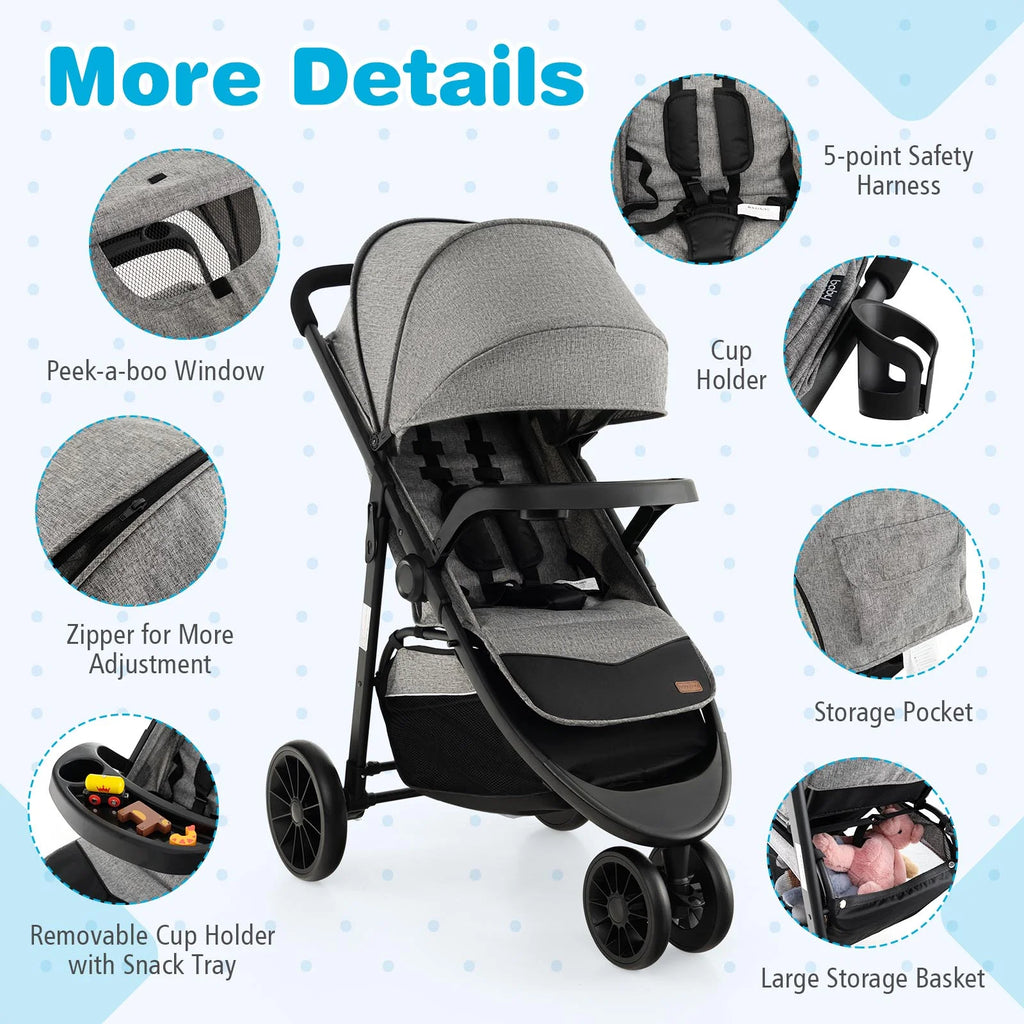 Baby Jogging Stroller Travel System with Adjustable Canopy Grey A748725