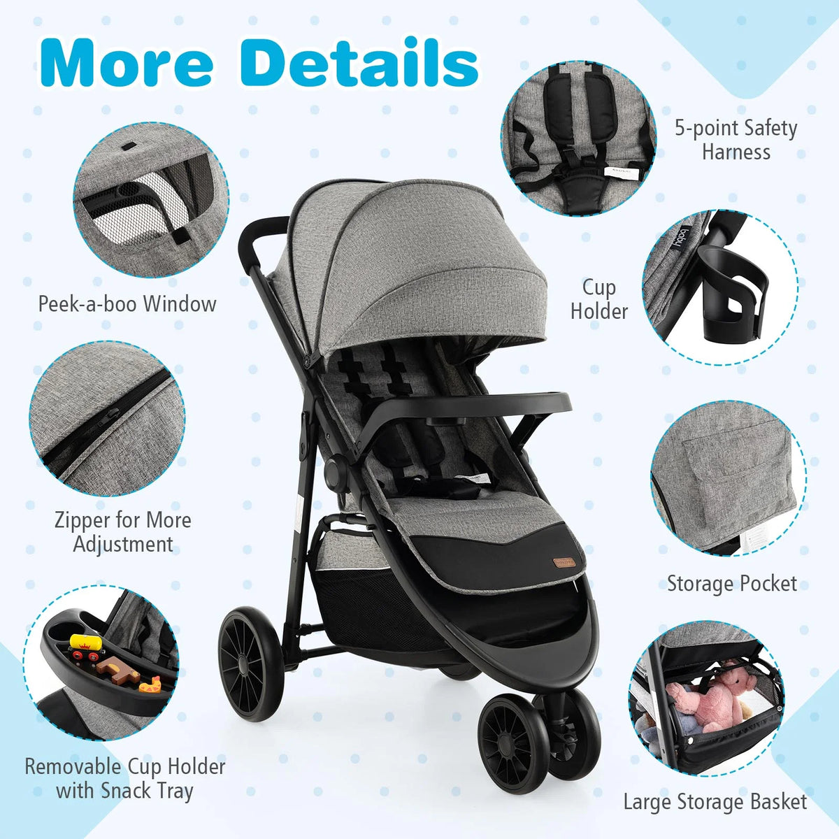 Baby Jogging Stroller Travel System with Adjustable Canopy Grey A748725