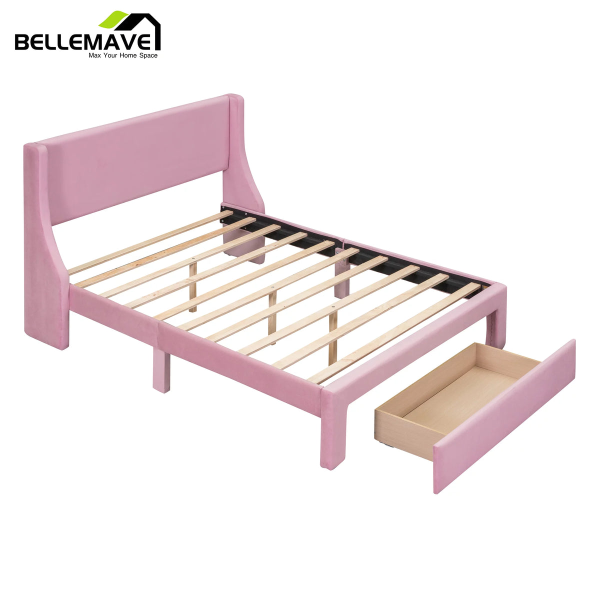 Full Size Pink Velvet Platform Bed with Drawer U573404