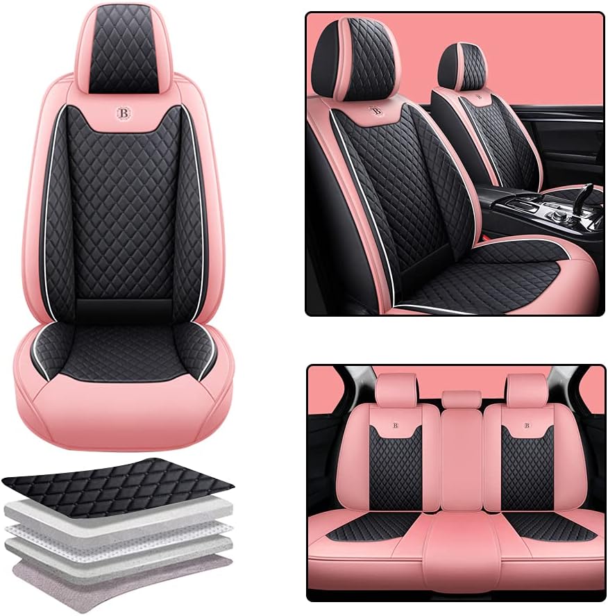 Pink-Black PU Leather Car Seat Covers Full Set 5 Seat T9302