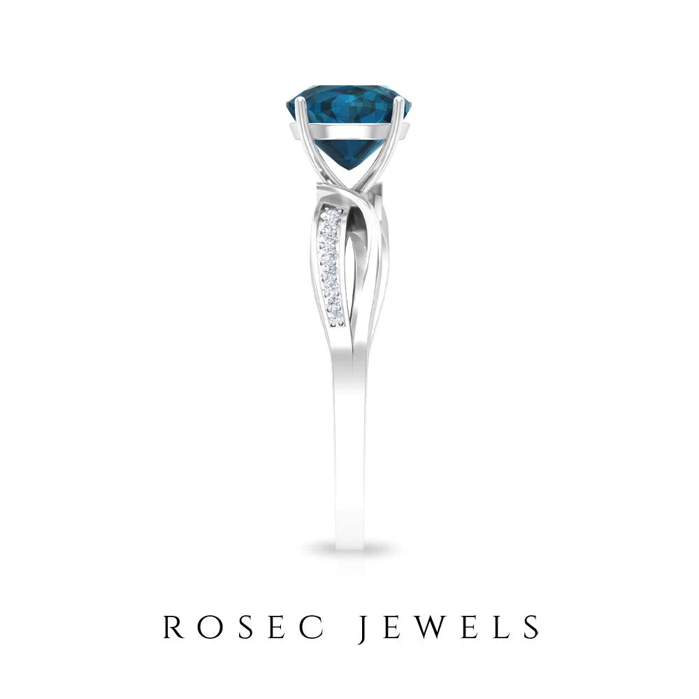1.50 CT Cushion Cut London Blue Topaz Solitaire and Diamond Ring, 925 Sterling Silver, US 4.00 F1675