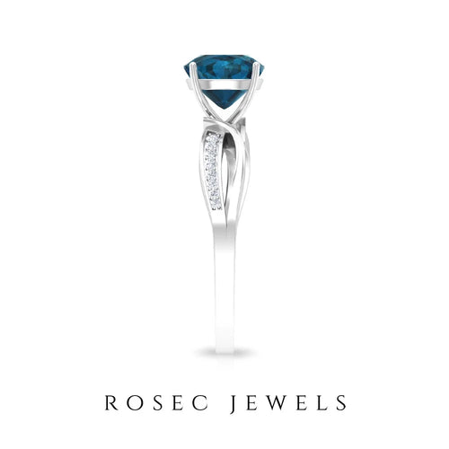 1.50 CT Cushion Cut London Blue Topaz Solitaire and Diamond Ring, 925 Sterling Silver, US 4.00 F1675