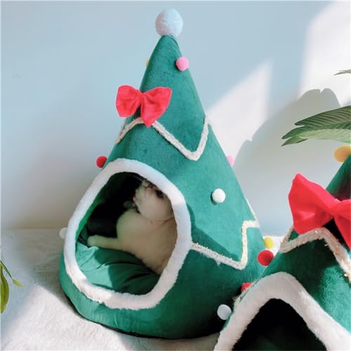 Green Christmas Tree Cat Bed with Detachable Pillow I7945