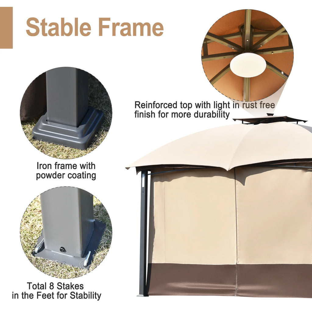 Brown Patio Metal Gazebo with Screen and LED Lights W34839