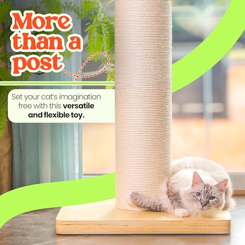 50" Tall Cat Scratching Post, 7.3" Thick Post, Solid Wood Base & Natural Sisal Rope U180109