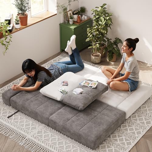 White Chenille Folding Sofa Bed with Headrest & Lumbar Pillow R184