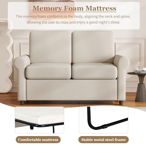 Beige Pull Out Sofa Bed with Twin Size Mattress Pad T45540