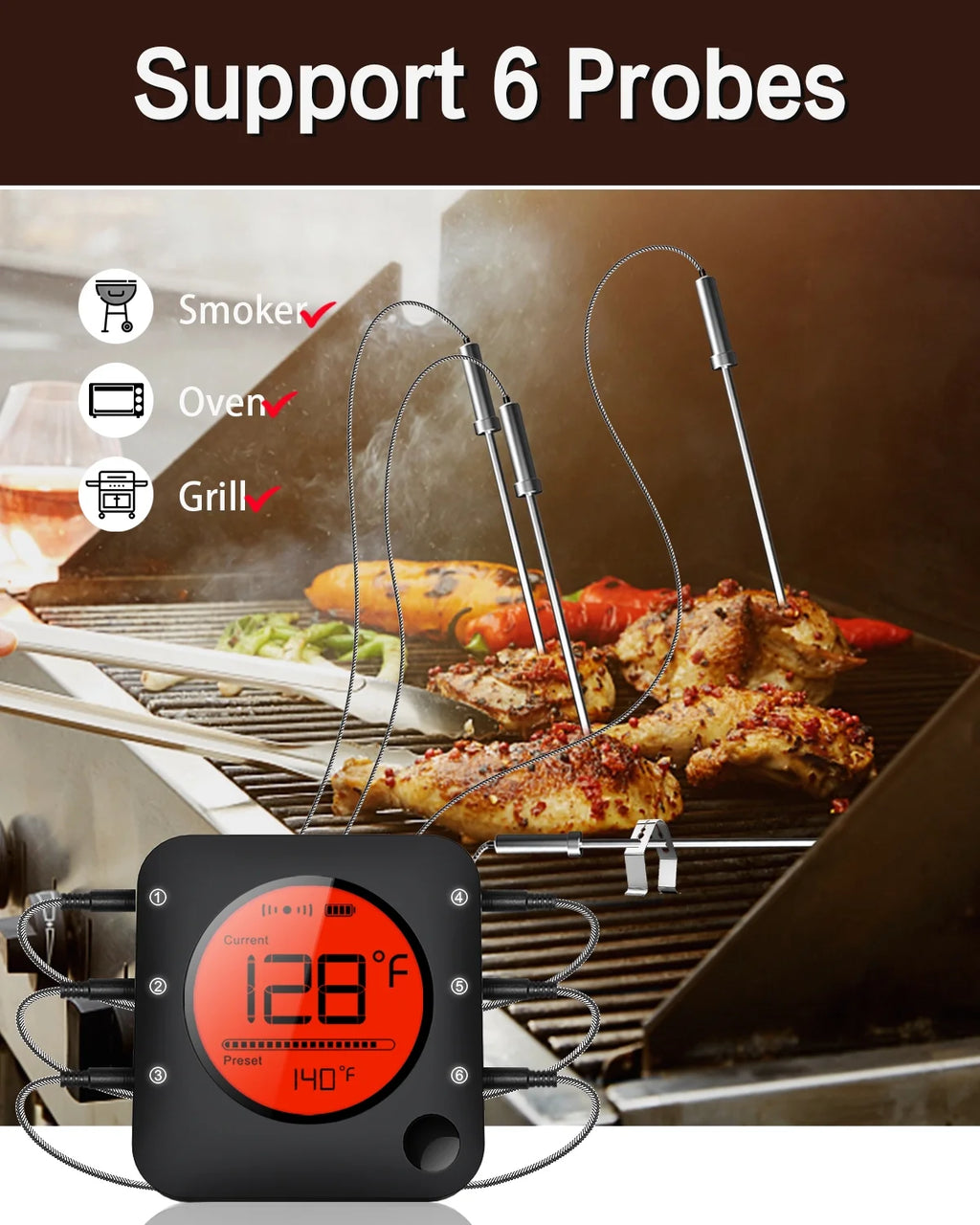 6-Probe Bluetooth Meat Thermometer with LCD Display G336