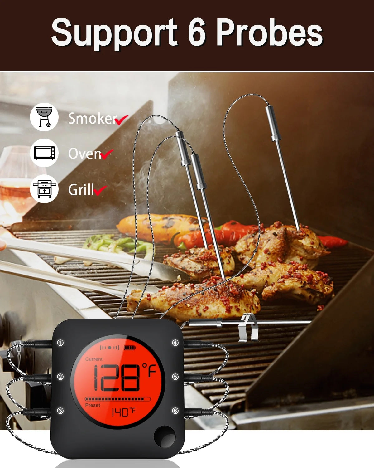 6-Probe Bluetooth Meat Thermometer with LCD Display G336