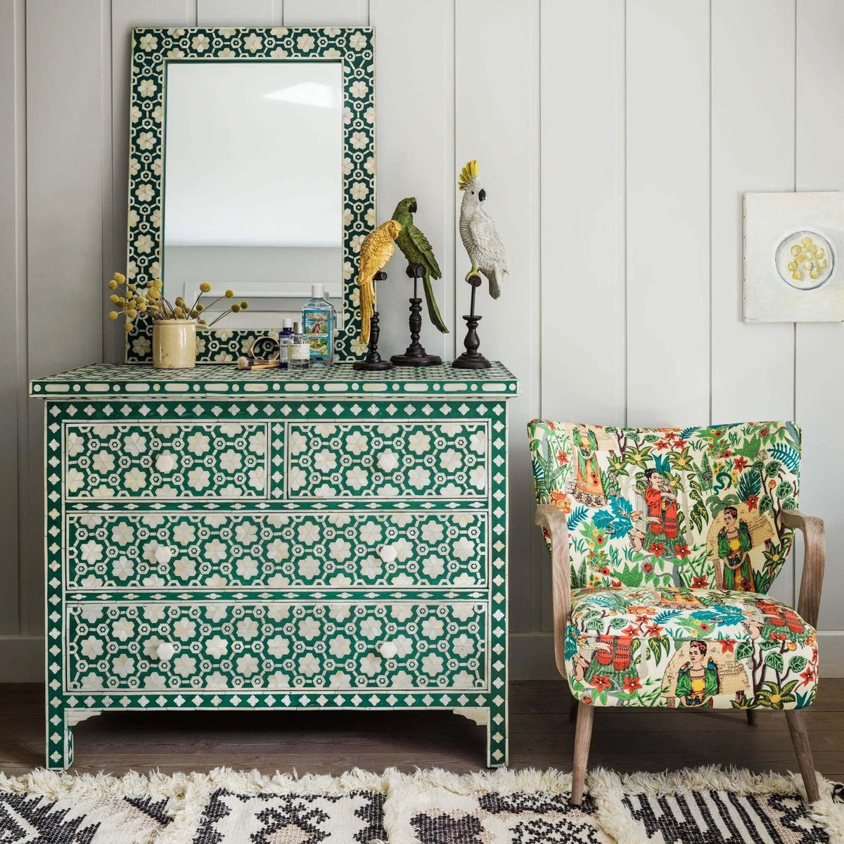 Teal Green Bone Inlay Chest of Drawers W66100