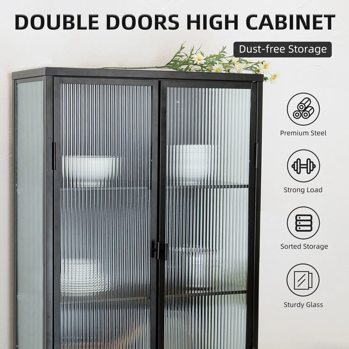 Black Fluted Glass High Cabinet with Dual Doors Q155479