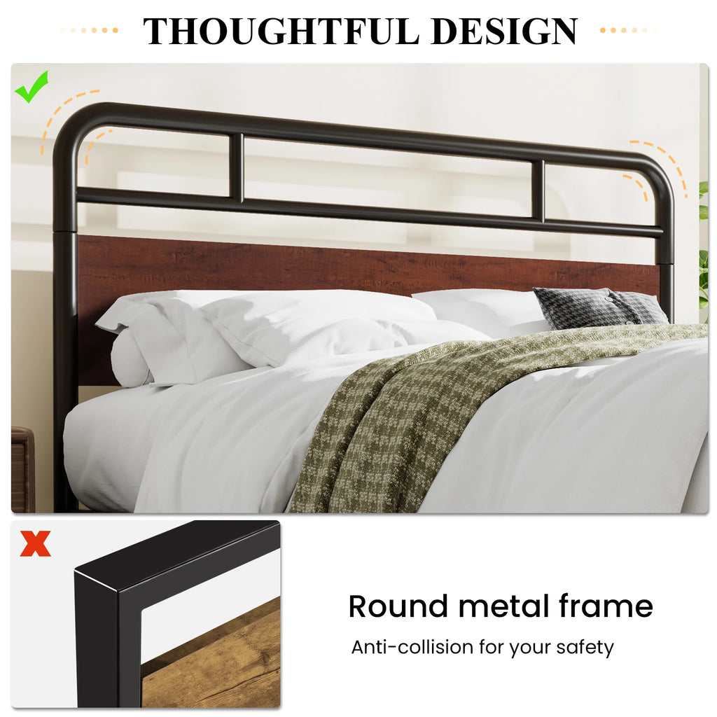 Dark Brown Queen Size Metal Platform Bed Frame with Wooden Headboard E92909