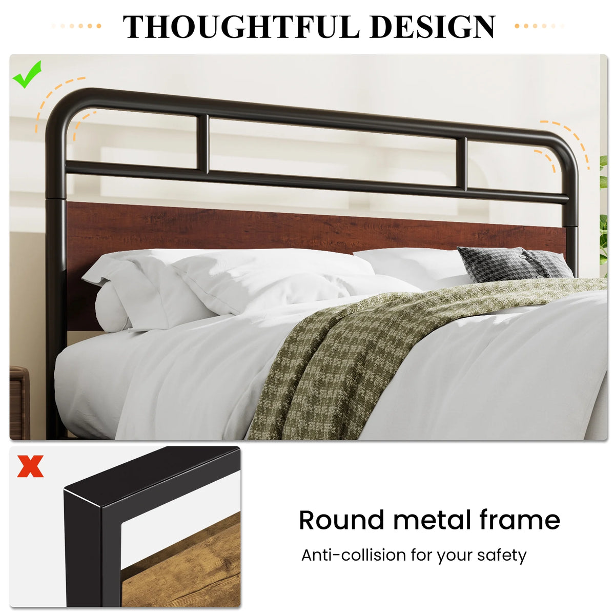 Dark Brown Queen Size Metal Platform Bed Frame with Wooden Headboard E92909