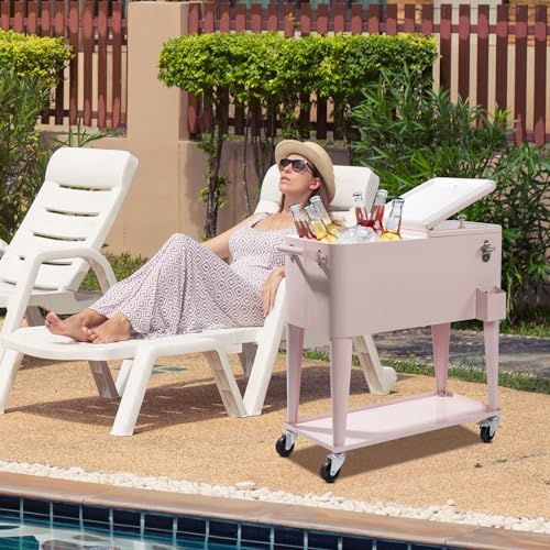 80 Quart Rolling Ice Chest on Wheels Drink Cooler Cart with Shelf H738235
