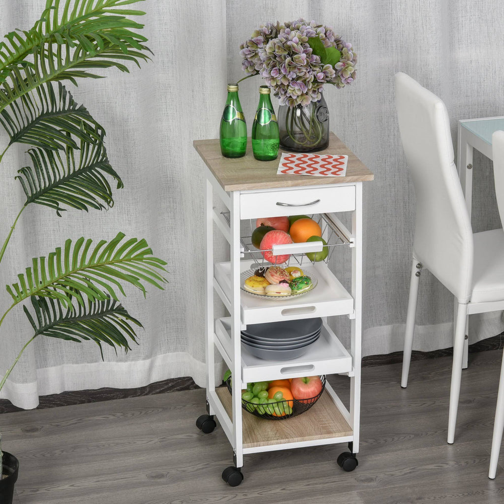 White Mobile Rolling Kitchen Island Trolley Serving Cart with Drawer and Wire Storage Basket O191516