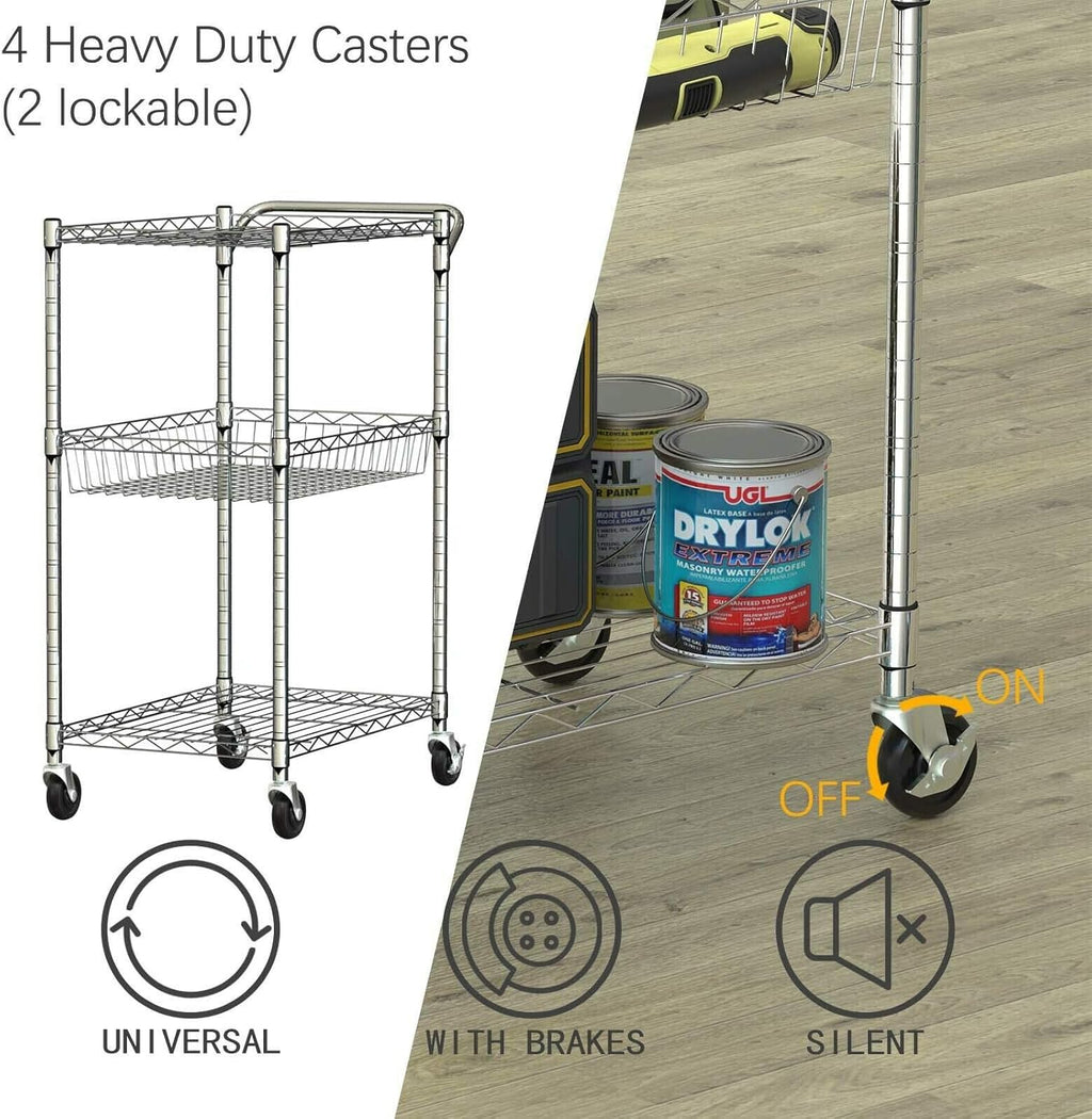 3-Tier Silver Steel Rolling Kitchen Trolley Cart with Storage Shelves X3618