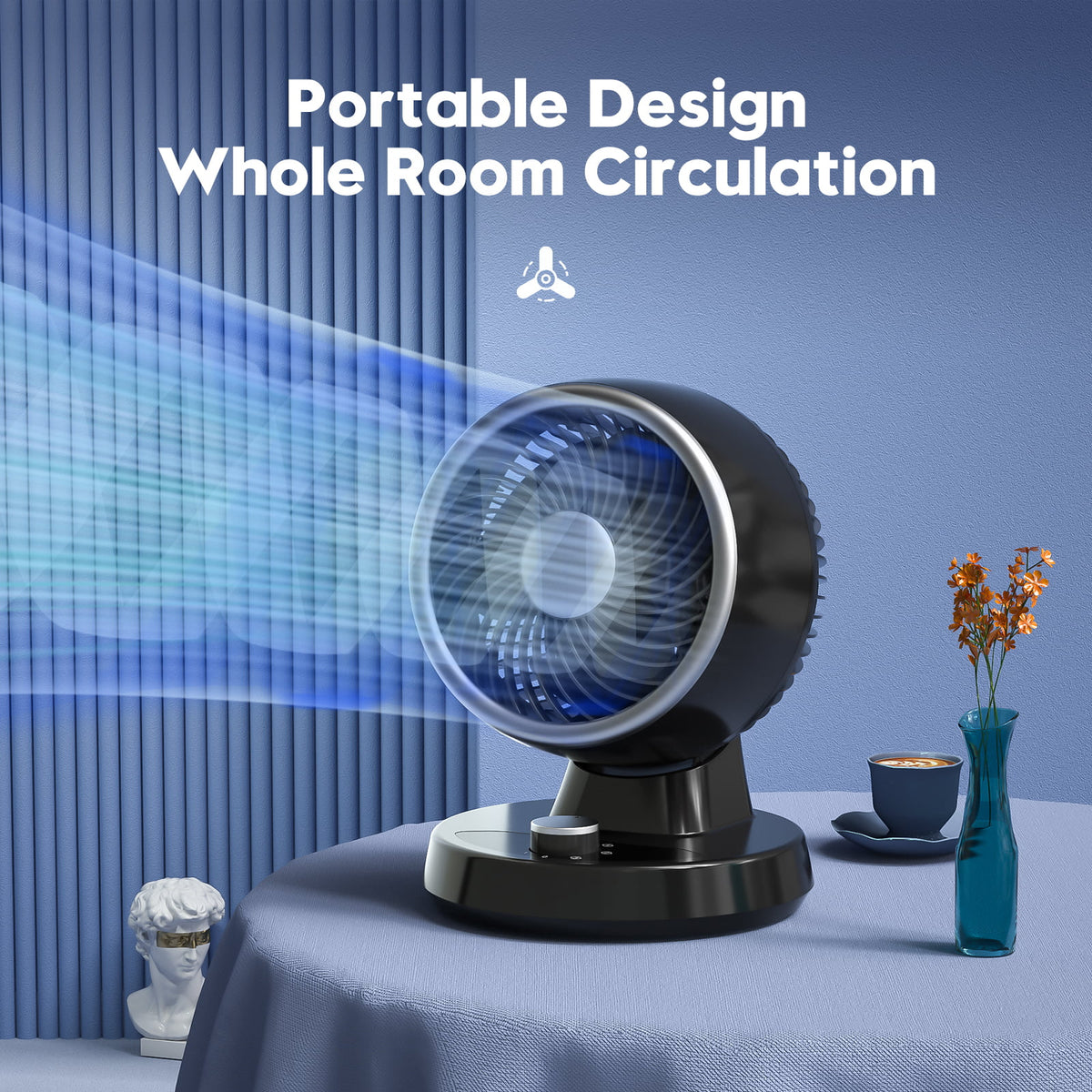 Portable Table Fan with 90° Auto-oscillation, 6 Tilting Head Settings, 3 Speeds Y477